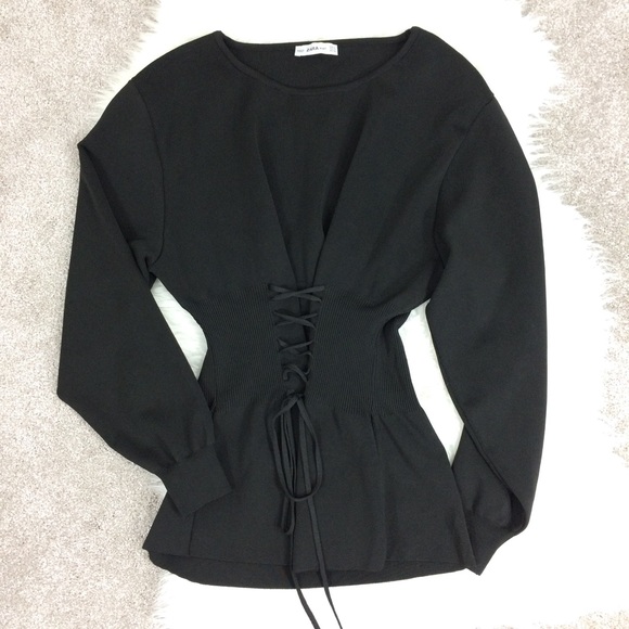 Zara Black Knit Corset Lace Up Sweater 